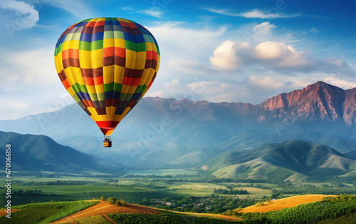 Floating hot air balloon in the valley outdoors,created with Generative AI tecnology.