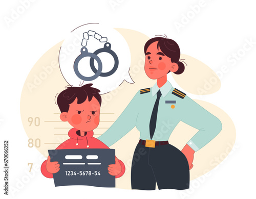 Juvenile, underage crime. Female police officer arrest a boy. Criminal behavior of a neglected child. Absence and uninvolvement, lack of parental responsiveness to a child. Flat vector illustration