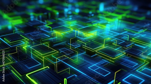 The surface of technology with lines of chaos and grid is an abstract computer image with chromatic aberrations. Digital art: a dark technical, sci-fi or sci-fi background. 3d illustration