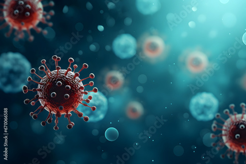 Red viruses with spikes float amidst smaller blue particles on a deep blue backdrop.
