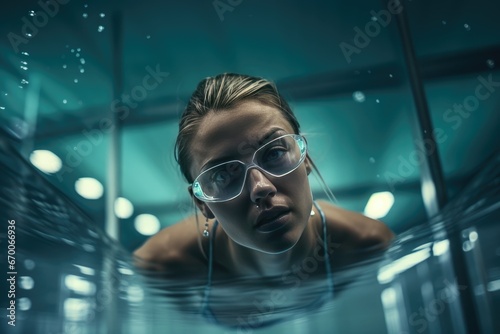 Portrait of swimmer in goggles and cap swimming underwater in pool.