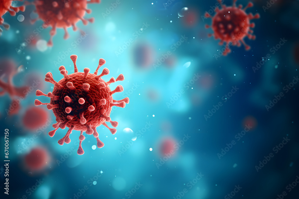 Bright red viruses with spikes are highlighted against a blue aquatic backdrop
Bright red viruses with spikes are highlighted against a blue aquatic backdrop