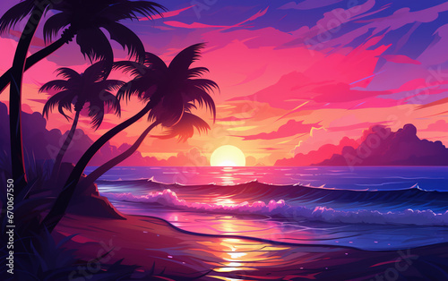 sunset beach palm trees landscape,created with Generative AI tecnology. © henvryfo