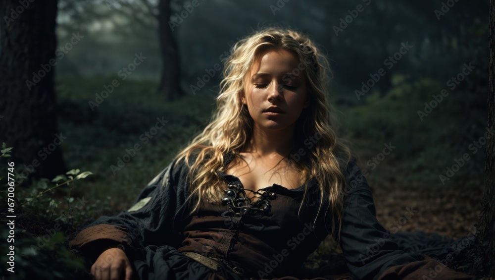 Light haired young girl resting in a dark forest Light haired young girl resting in a dark forest