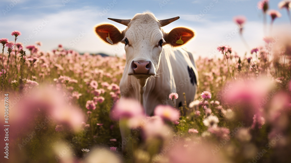 A cow in a field with flowers