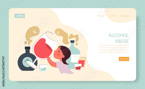 Future alcohol abuse of neglected child web banner or landing page. Traumatizing childhood experience. Absence and uninvolvement of dad, lack of parental interest to a child. Flat vector illustration
