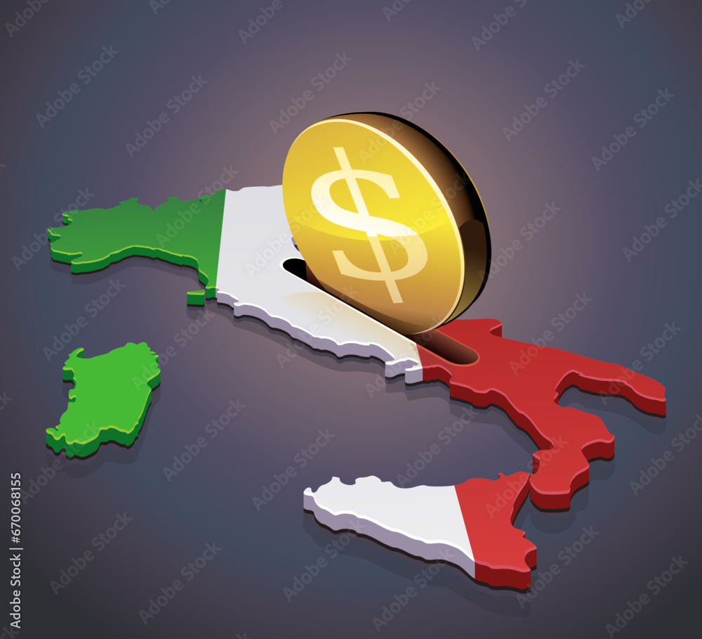 Φωτογραφία 3D map of Italy in the colors of the Italian flag in which a gold coin with the