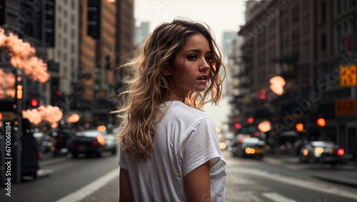 Beautiful girl in a white T-shirt against the background of the city © UniquePicture