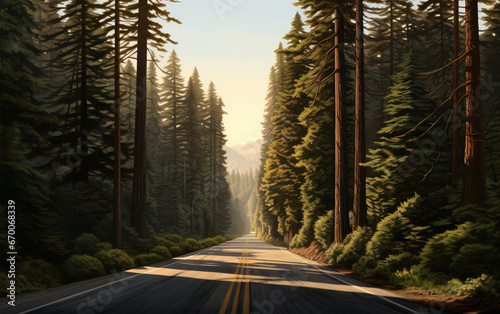Coniferous forest and road,created with Generative AI tecnology.