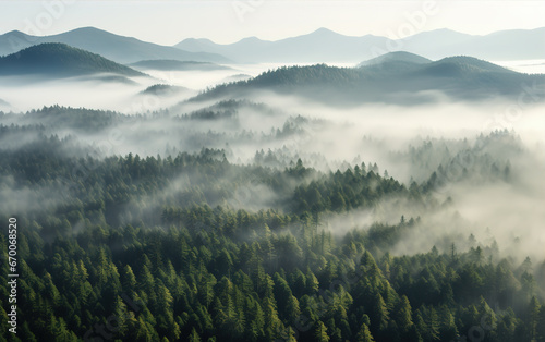 Pine forest in the mist on the mountain,created with Generative AI tecnology.