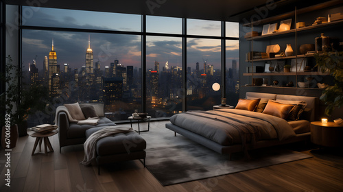 Camera da letto con arredamento moderno e colori scuri con ampia vetrata sulla città al tramonto photo