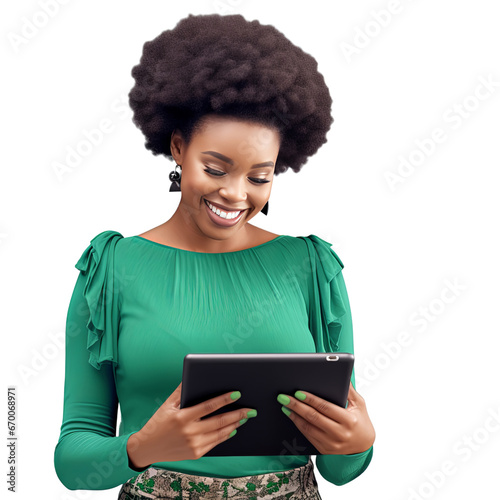 Smiling african american teen girl, online course student holding tablet isolated on transparent background PNG
