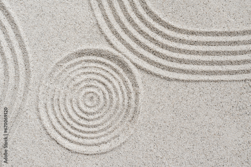 Zen garden Japanese top view, Circle round sand background, Meditation of Buddhism Zen garden Japanese top view, Circle round sand background, Meditation of Buddhism