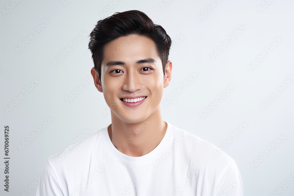 Radiant and cheerful Asian young man showcasing a warm smile against a clean, white background Radiant and cheerful Asian young man showcasing a warm smile against a clean, white background