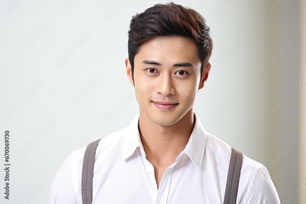 Radiant and cheerful Asian young man showcasing a warm smile against a clean, white background Radiant and cheerful Asian young man showcasing a warm smile against a clean, white background