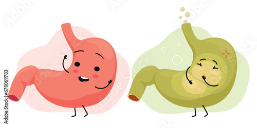 Cartoon characters of a healthy and sick stomach. Cheerful with the face of human organs. Human anatomy for children. Vector illustration
