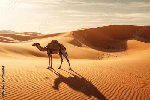 Camel going through the desert at sunset