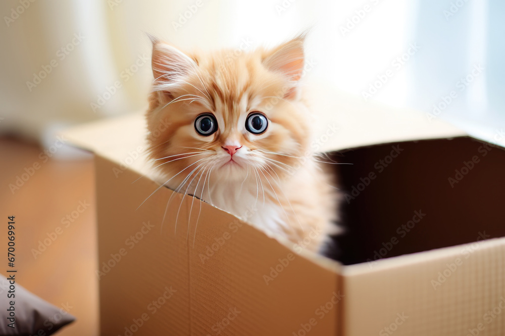 Adorable red cat hiding in cardboard box