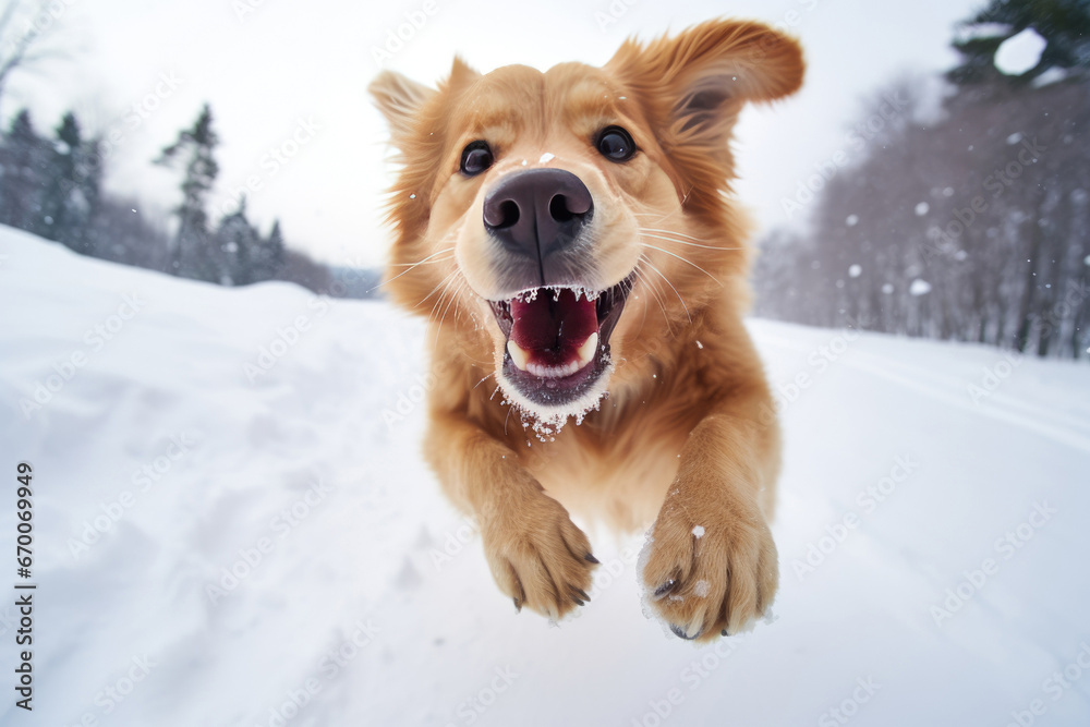 Happy adorable dog playing fetch in snow Happy adorable dog playing fetch in snow