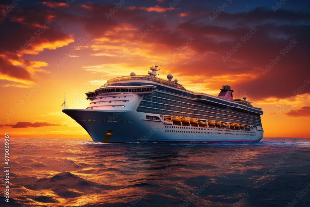 Cruise liner sailing during sunset at sea Cruise liner sailing during sunset at sea