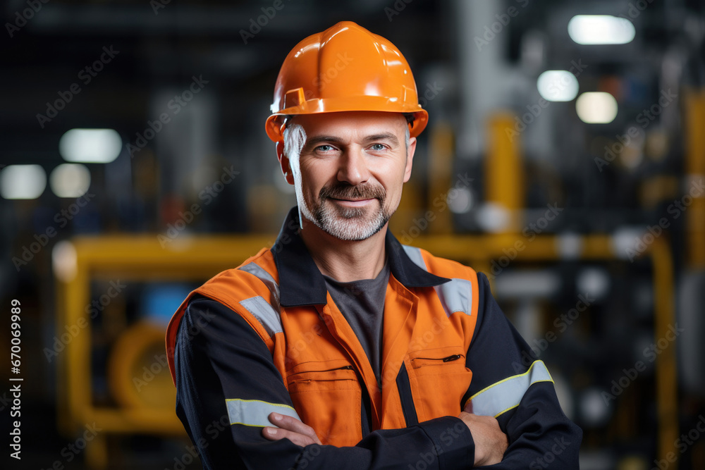 Smiling male worker of modern industrial plant or factory in workwear and protective helmet Smiling male worker of modern industrial plant or factory in workwear and protective helmet