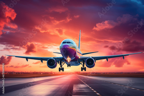 Commercial airplane taking off into colorful sky at sunset or sunrise photo