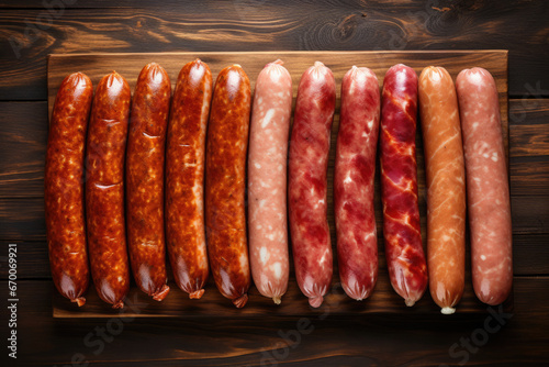 Different types of tasty sausages on wooden table