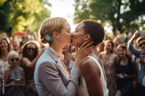 Two beautiful lesbian brides kissing on their wedding photo