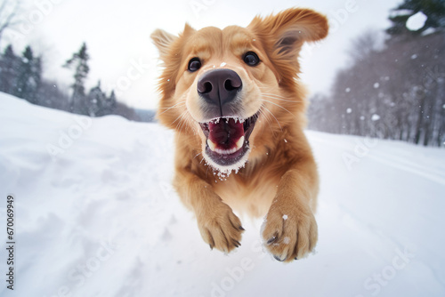 Happy adorable dog playing fetch in snow © Ekaterina Pokrovsky