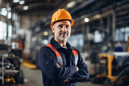 Smiling male worker of modern industrial plant or factory in workwear and protective helmet