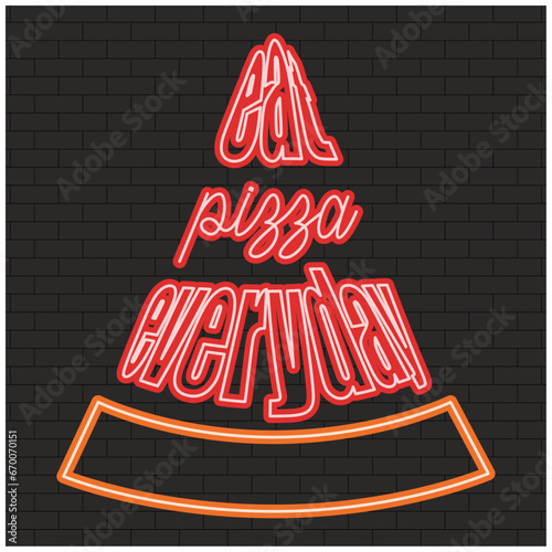 Illustration of a neon sign on a wall background, neon and pizza