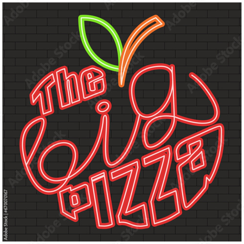 Illustration of a neon sign on a wall background, Tipography neon pizza