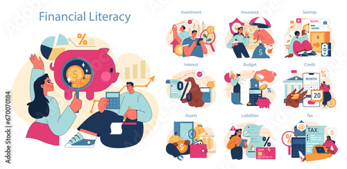 Financial Literacy set. Individuals explore key financial concepts from savings to taxes. Assessing investments, safeguarding with insurance, budgeting wisely. Flat vector illustration.