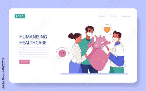 Humanizing healthcare web banner or landing page. Modern physician approach on medical treatment and patient assistance. Doctor ethical commitment and alliance. Flat vector illustration