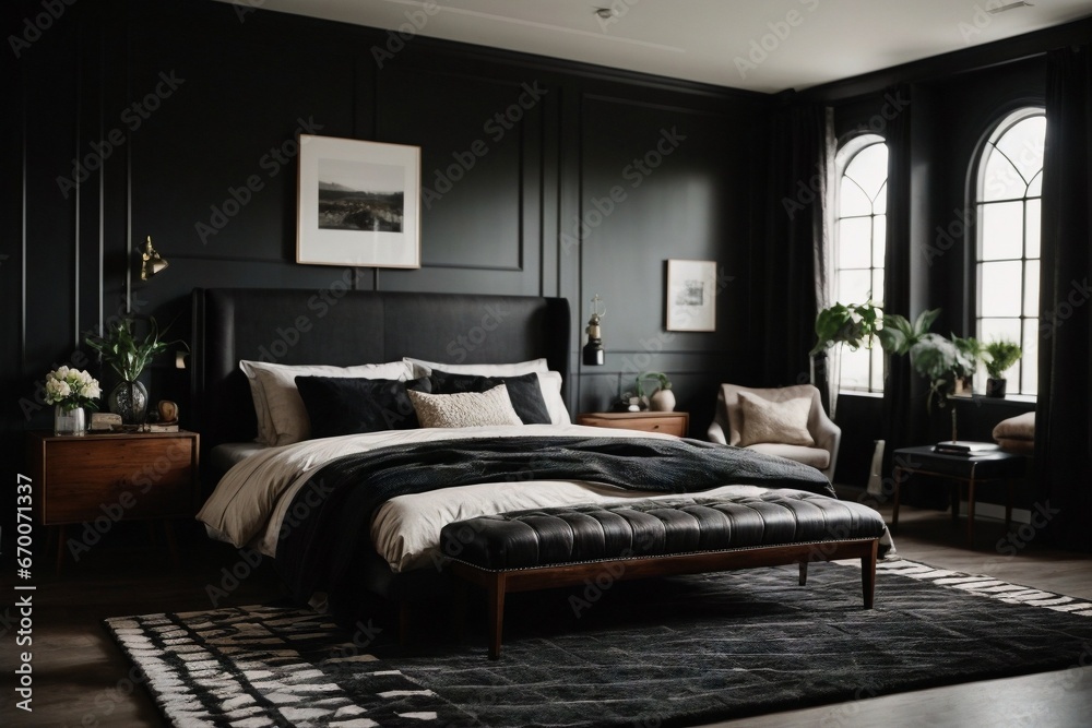 A bedroom with black walls and a bed with a black white  rug and a bed with a black rug. 