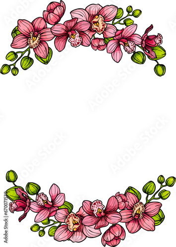 Wreath , round floral frame of pink orchid flowers, hand drawn sketch, invitation card, wedding design