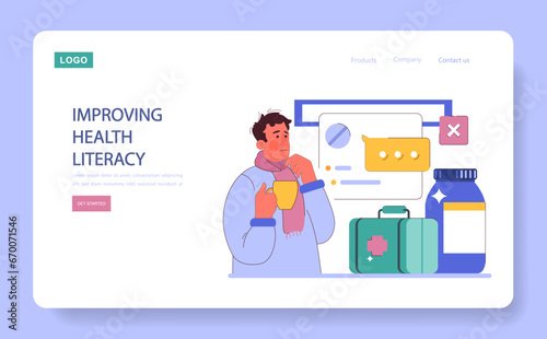 Humanizing healthcare web banner or landing page. Modern physician approach on medical treatment and patient health literacy improving. Doctor ethical commitment and alliance. Flat vector illustration