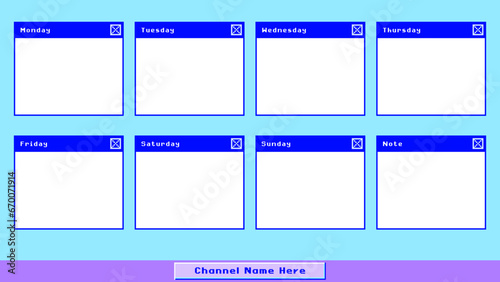 Neon Stream Schedule Vector For Social Media, Pixel Art Weekly Schedule for Streamers (aspect ratio 16:9)