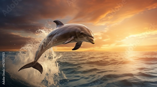 Bottlenose dolphin jumps out of the water in the middle of the ocean at sunset. A beautiful intelligent sea dweller is a charming mammal in the wild. Generative AI.