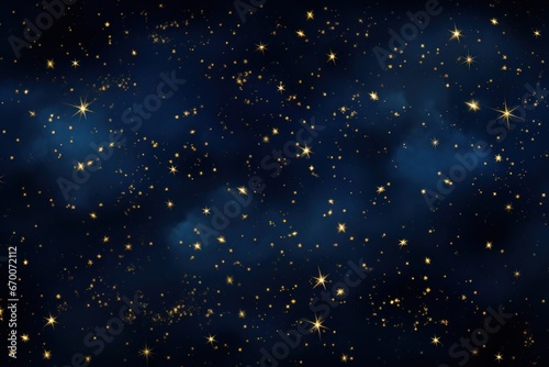 Twinkling golden stars scattered on a deep velvet blue background - Celestial night sky.