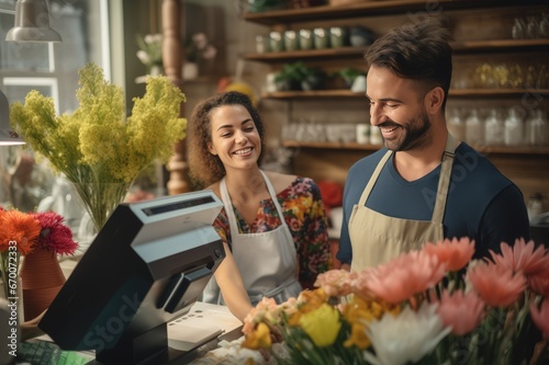 Smiling male florist holding card reader machine at counter with customer paying  photo