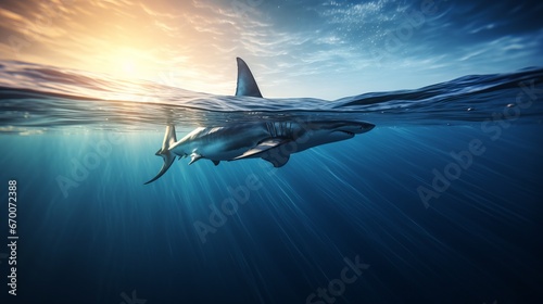 Dangerous toothy shark swims underwater in the sea in search of a victim. Predator in the wild in the ocean. The fin sticks out above the surface of the water. Generative AI.