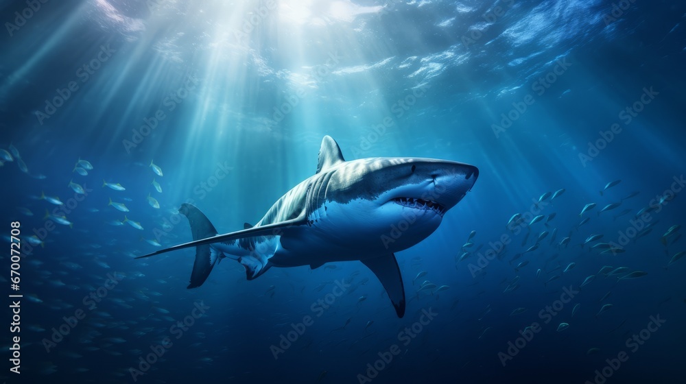 Naklejka premium A dangerous toothy shark swims underwater hunting fish. Shark is a predator in the wild in the ocean. Front view of the scary jaws. Generative AI.