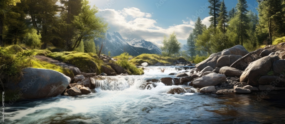 The cascading waterfall in the mountain stream - obrazy, fototapety, plakaty 