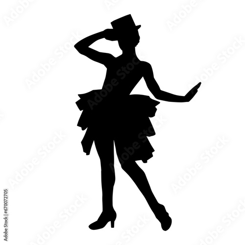 Silhouette of a female dancer wearing fancy costume and hat.