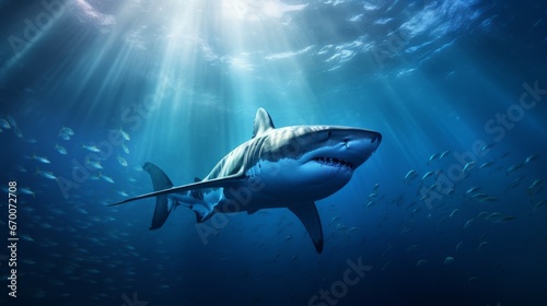 A dangerous toothy shark swims underwater hunting fish. Shark is a predator in the wild in the ocean. Front view of the scary jaws. Generative AI. © Nikolai