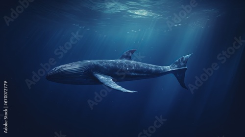 A large blue humpback whale into the water in the middle of the ocean. The strength and power of the largest mammal in the world. Marine inhabitants Generative AI. © Nikolai
