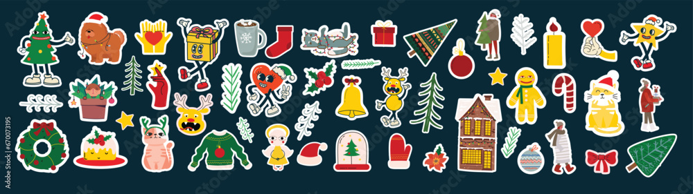 Groovy hippie Christmas stickers. Santa Claus, Christmas tree, gifts, rainbow, peace, groovy and bright, star in trendy retro cartoon style. Merry Christmas and Happy New year. Groovy hippie Christmas stickers. Santa Claus, Christmas tree, gifts, rainbow, peace, groovy and bright, star in trendy retro cartoon style. Merry Christmas and Happy New year.