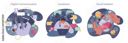 Loneliness set. Unhappy person, astronaut left alone in space. Character suffering from solitude. Modern communication problem and self-isolation. Flat vector illustration
