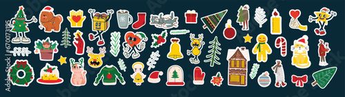 Groovy hippie Christmas stickers. Santa Claus  Christmas tree  gifts  rainbow  peace  groovy and bright  star in trendy retro cartoon style. Merry Christmas and Happy New year.